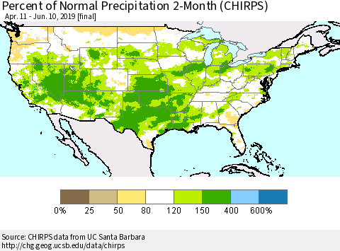 United States Percent of Normal Precipitation 2-Month (CHIRPS) Thematic Map For 4/11/2019 - 6/10/2019