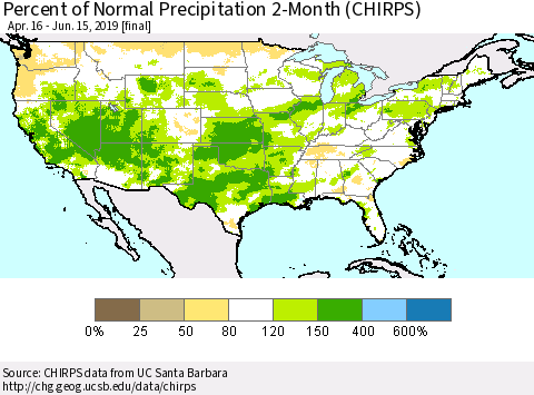 United States Percent of Normal Precipitation 2-Month (CHIRPS) Thematic Map For 4/16/2019 - 6/15/2019