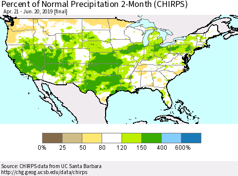 United States Percent of Normal Precipitation 2-Month (CHIRPS) Thematic Map For 4/21/2019 - 6/20/2019
