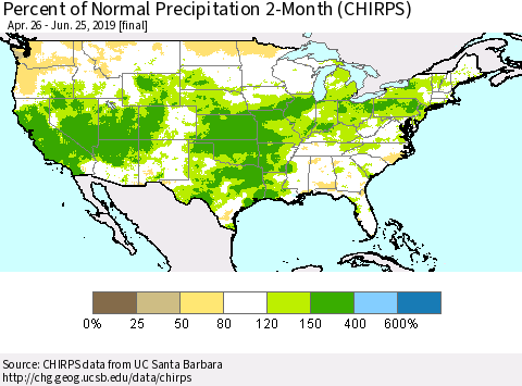 United States Percent of Normal Precipitation 2-Month (CHIRPS) Thematic Map For 4/26/2019 - 6/25/2019