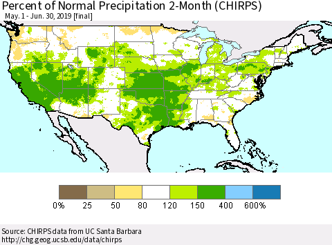 United States Percent of Normal Precipitation 2-Month (CHIRPS) Thematic Map For 5/1/2019 - 6/30/2019