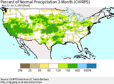 United States Percent of Normal Precipitation 2-Month (CHIRPS) Thematic Map For 5/6/2019 - 7/5/2019