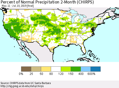 United States Percent of Normal Precipitation 2-Month (CHIRPS) Thematic Map For 5/11/2019 - 7/10/2019