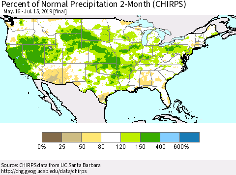 United States Percent of Normal Precipitation 2-Month (CHIRPS) Thematic Map For 5/16/2019 - 7/15/2019