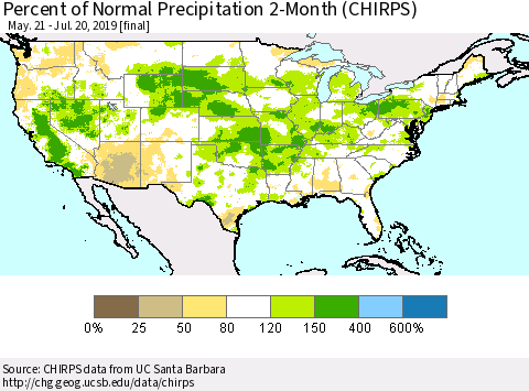 United States Percent of Normal Precipitation 2-Month (CHIRPS) Thematic Map For 5/21/2019 - 7/20/2019