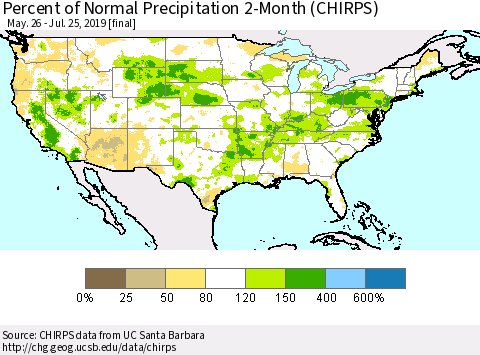United States Percent of Normal Precipitation 2-Month (CHIRPS) Thematic Map For 5/26/2019 - 7/25/2019
