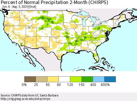 United States Percent of Normal Precipitation 2-Month (CHIRPS) Thematic Map For 6/6/2019 - 8/5/2019
