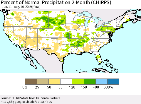United States Percent of Normal Precipitation 2-Month (CHIRPS) Thematic Map For 6/11/2019 - 8/10/2019