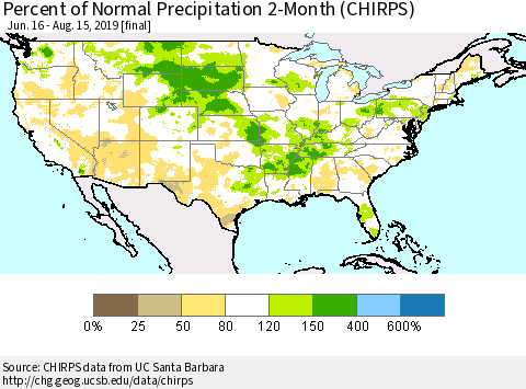 United States Percent of Normal Precipitation 2-Month (CHIRPS) Thematic Map For 6/16/2019 - 8/15/2019