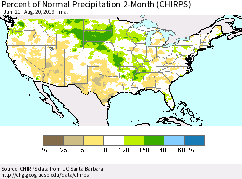 United States Percent of Normal Precipitation 2-Month (CHIRPS) Thematic Map For 6/21/2019 - 8/20/2019
