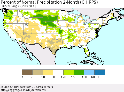 United States Percent of Normal Precipitation 2-Month (CHIRPS) Thematic Map For 6/26/2019 - 8/25/2019
