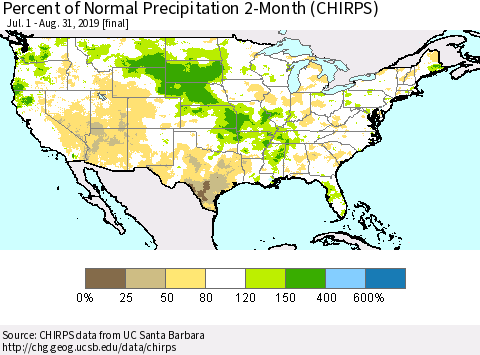 United States Percent of Normal Precipitation 2-Month (CHIRPS) Thematic Map For 7/1/2019 - 8/31/2019