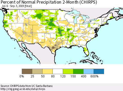 United States Percent of Normal Precipitation 2-Month (CHIRPS) Thematic Map For 7/6/2019 - 9/5/2019