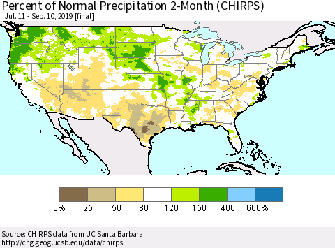 United States Percent of Normal Precipitation 2-Month (CHIRPS) Thematic Map For 7/11/2019 - 9/10/2019
