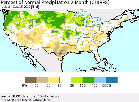 United States Percent of Normal Precipitation 2-Month (CHIRPS) Thematic Map For 7/16/2019 - 9/15/2019
