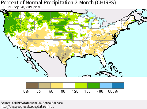 United States Percent of Normal Precipitation 2-Month (CHIRPS) Thematic Map For 7/21/2019 - 9/20/2019
