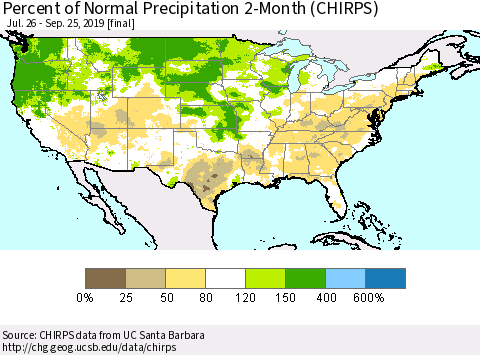United States Percent of Normal Precipitation 2-Month (CHIRPS) Thematic Map For 7/26/2019 - 9/25/2019