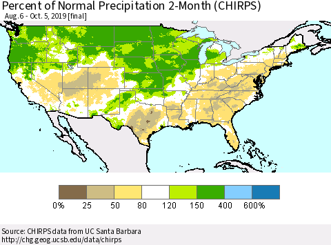 United States Percent of Normal Precipitation 2-Month (CHIRPS) Thematic Map For 8/6/2019 - 10/5/2019