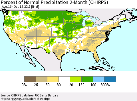 United States Percent of Normal Precipitation 2-Month (CHIRPS) Thematic Map For 8/16/2019 - 10/15/2019