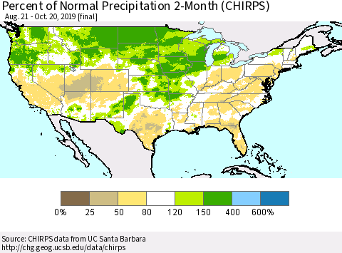 United States Percent of Normal Precipitation 2-Month (CHIRPS) Thematic Map For 8/21/2019 - 10/20/2019