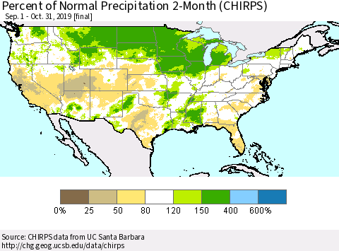 United States Percent of Normal Precipitation 2-Month (CHIRPS) Thematic Map For 9/1/2019 - 10/31/2019