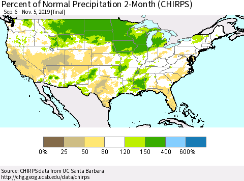 United States Percent of Normal Precipitation 2-Month (CHIRPS) Thematic Map For 9/6/2019 - 11/5/2019