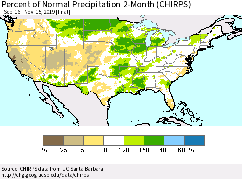 United States Percent of Normal Precipitation 2-Month (CHIRPS) Thematic Map For 9/16/2019 - 11/15/2019