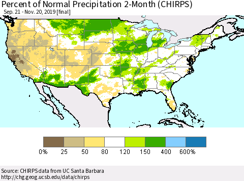 United States Percent of Normal Precipitation 2-Month (CHIRPS) Thematic Map For 9/21/2019 - 11/20/2019