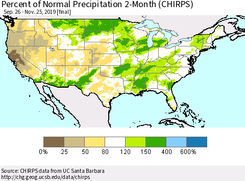 United States Percent of Normal Precipitation 2-Month (CHIRPS) Thematic Map For 9/26/2019 - 11/25/2019