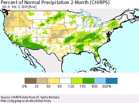 United States Percent of Normal Precipitation 2-Month (CHIRPS) Thematic Map For 10/6/2019 - 12/5/2019