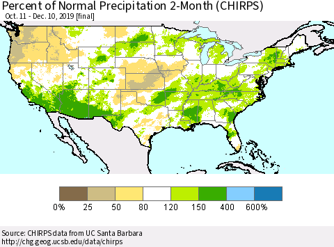 United States Percent of Normal Precipitation 2-Month (CHIRPS) Thematic Map For 10/11/2019 - 12/10/2019