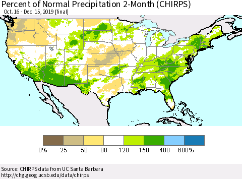 United States Percent of Normal Precipitation 2-Month (CHIRPS) Thematic Map For 10/16/2019 - 12/15/2019