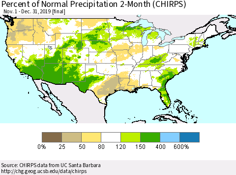 United States Percent of Normal Precipitation 2-Month (CHIRPS) Thematic Map For 11/1/2019 - 12/31/2019
