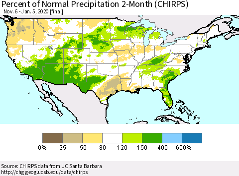 United States Percent of Normal Precipitation 2-Month (CHIRPS) Thematic Map For 11/6/2019 - 1/5/2020