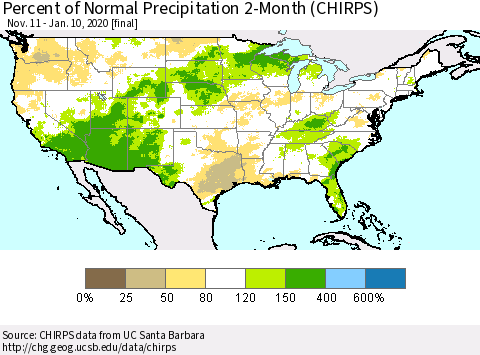 United States Percent of Normal Precipitation 2-Month (CHIRPS) Thematic Map For 11/11/2019 - 1/10/2020