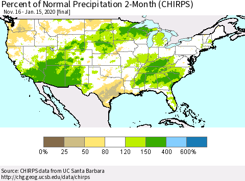 United States Percent of Normal Precipitation 2-Month (CHIRPS) Thematic Map For 11/16/2019 - 1/15/2020