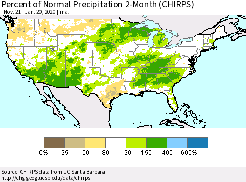 United States Percent of Normal Precipitation 2-Month (CHIRPS) Thematic Map For 11/21/2019 - 1/20/2020