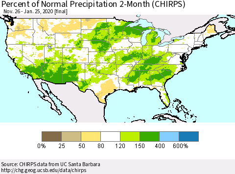 United States Percent of Normal Precipitation 2-Month (CHIRPS) Thematic Map For 11/26/2019 - 1/25/2020