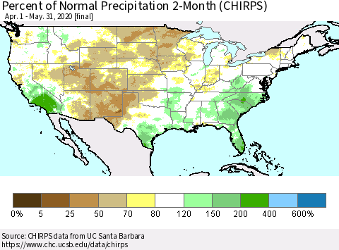 United States Percent of Normal Precipitation 2-Month (CHIRPS) Thematic Map For 4/1/2020 - 5/31/2020