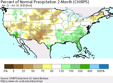 United States Percent of Normal Precipitation 2-Month (CHIRPS) Thematic Map For 4/11/2020 - 6/10/2020