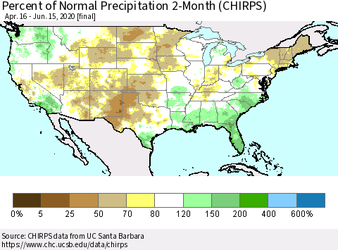 United States Percent of Normal Precipitation 2-Month (CHIRPS) Thematic Map For 4/16/2020 - 6/15/2020
