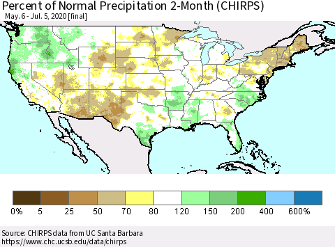 United States Percent of Normal Precipitation 2-Month (CHIRPS) Thematic Map For 5/6/2020 - 7/5/2020