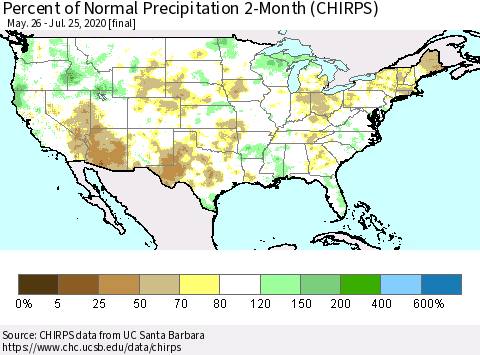 United States Percent of Normal Precipitation 2-Month (CHIRPS) Thematic Map For 5/26/2020 - 7/25/2020
