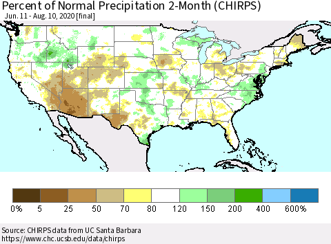 United States Percent of Normal Precipitation 2-Month (CHIRPS) Thematic Map For 6/11/2020 - 8/10/2020