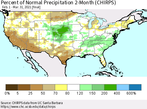 United States Percent of Normal Precipitation 2-Month (CHIRPS) Thematic Map For 2/1/2021 - 3/31/2021
