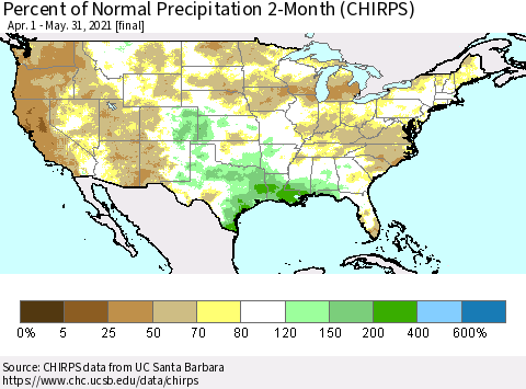United States Percent of Normal Precipitation 2-Month (CHIRPS) Thematic Map For 4/1/2021 - 5/31/2021