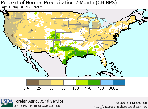 United States Percent of Normal Precipitation 2-Month (CHIRPS) Thematic Map For 4/1/2021 - 5/31/2021