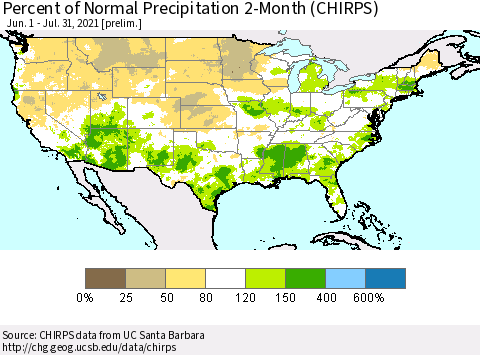 United States Percent of Normal Precipitation 2-Month (CHIRPS) Thematic Map For 6/1/2021 - 7/31/2021