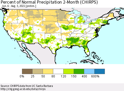 United States Percent of Normal Precipitation 2-Month (CHIRPS) Thematic Map For 6/6/2021 - 8/5/2021