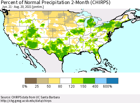 United States Percent of Normal Precipitation 2-Month (CHIRPS) Thematic Map For 6/21/2021 - 8/20/2021